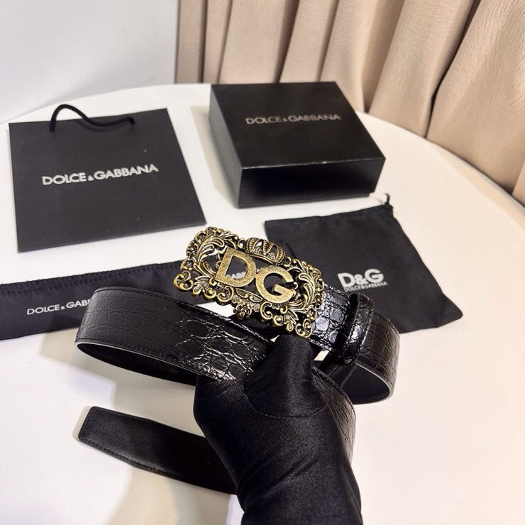 Dolce & Gabbana DG Logo Leather Belt – Gold / Silver / Black Buckle