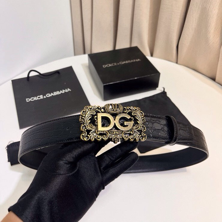 Dolce & Gabbana DG Logo Leather Belt – Gold / Silver / Black Buckle