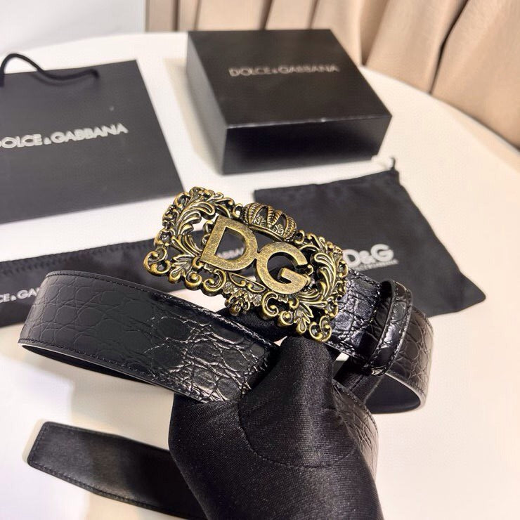 Dolce & Gabbana DG Logo Leather Belt – Gold / Silver / Black Buckle