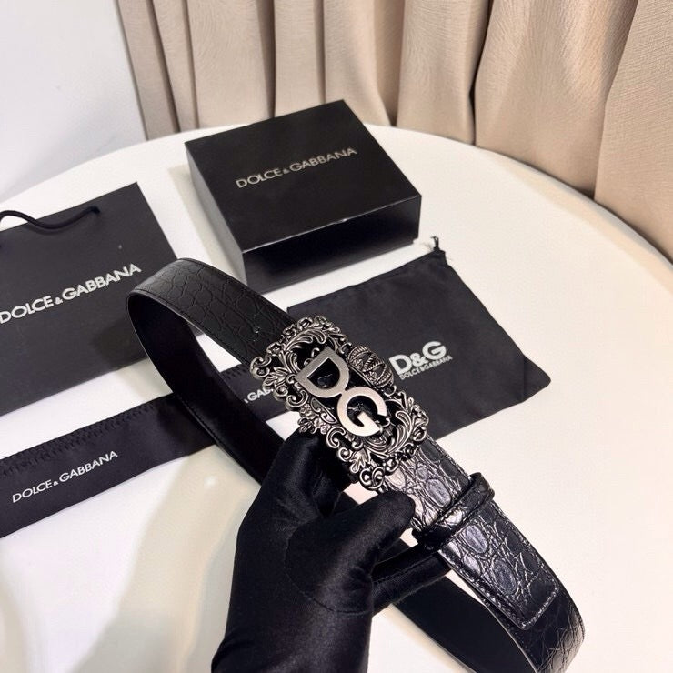 Dolce & Gabbana DG Logo Leather Belt – Gold / Silver / Black Buckle