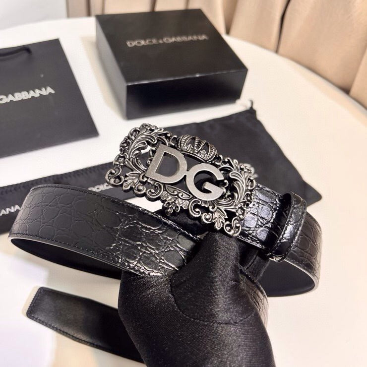 Dolce & Gabbana DG Logo Leather Belt – Gold / Silver / Black Buckle