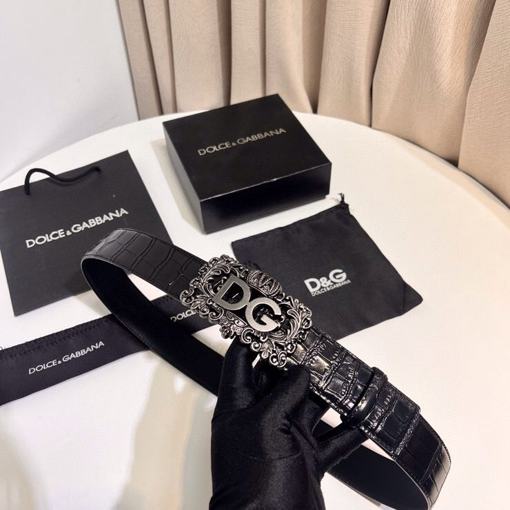 Dolce & Gabbana DG Logo Leather Belt – Gold / Silver / Black Buckle