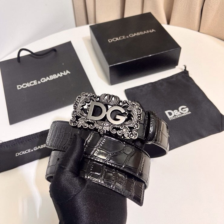 Dolce & Gabbana DG Logo Leather Belt – Gold / Silver / Black Buckle