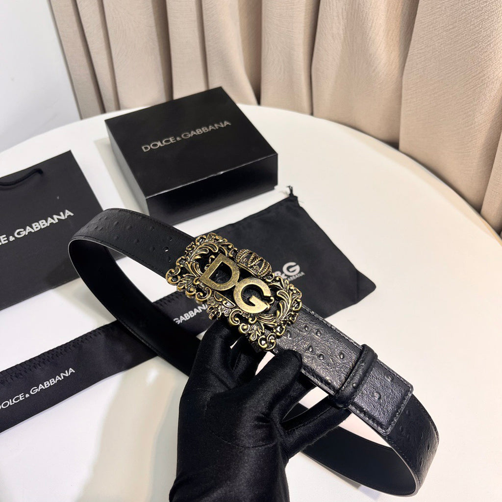 Dolce & Gabbana DG Logo Leather Belt – Gold / Silver / Black Buckle