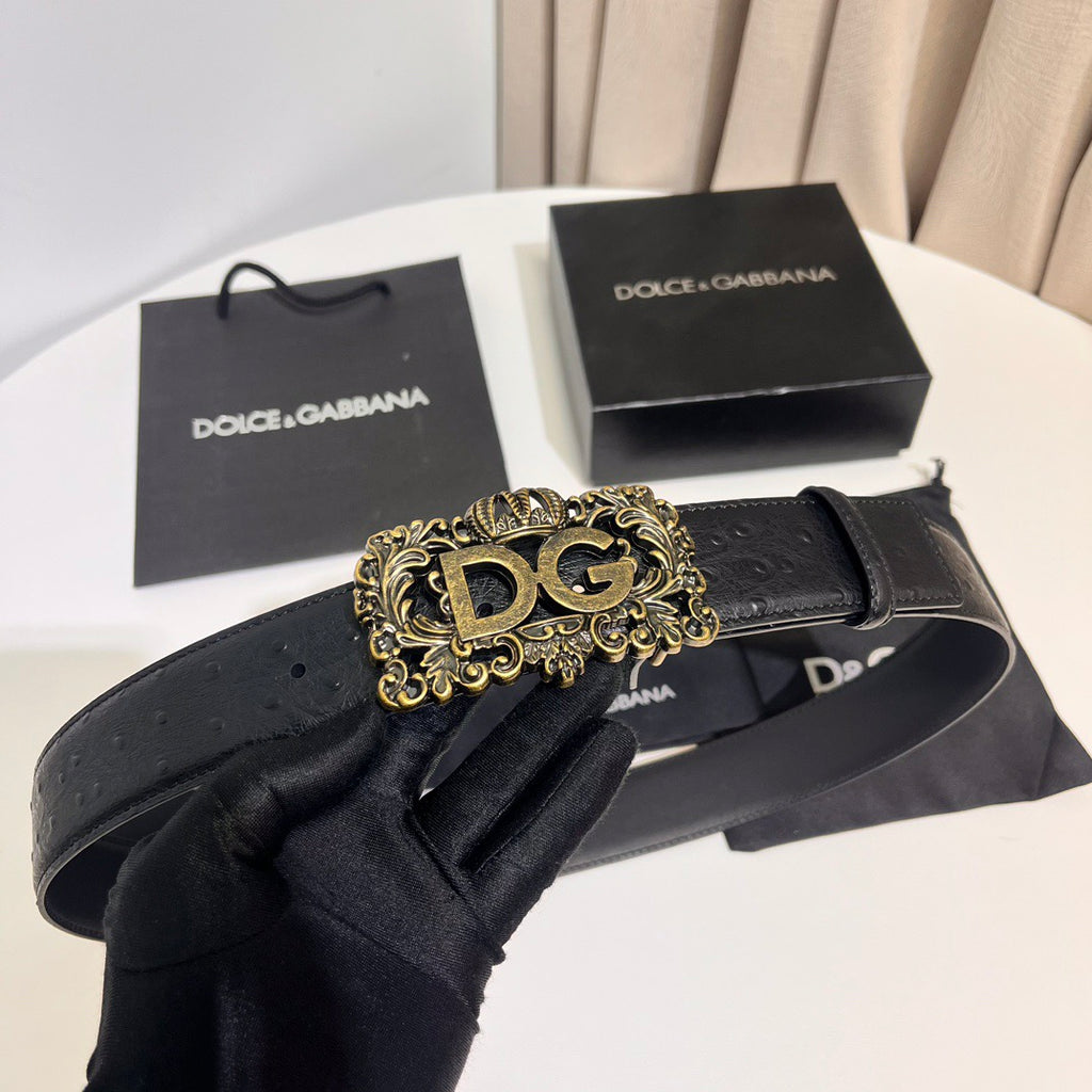 Dolce & Gabbana DG Logo Leather Belt – Gold / Silver / Black Buckle
