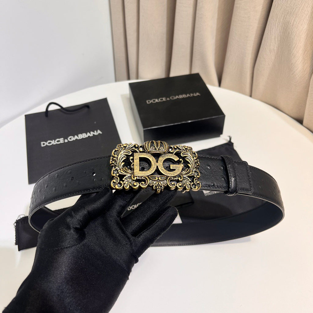 Dolce & Gabbana DG Logo Leather Belt – Gold / Silver / Black Buckle