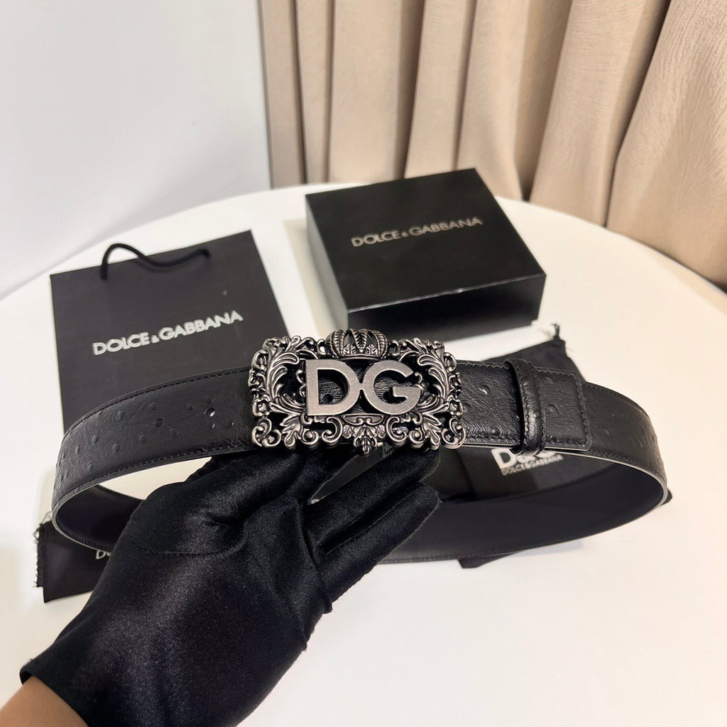 Dolce & Gabbana DG Logo Leather Belt – Gold / Silver / Black Buckle