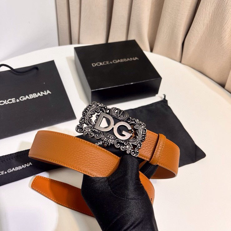 Dolce & Gabbana DG Logo Leather Belt – Gold / Silver / Black Buckle