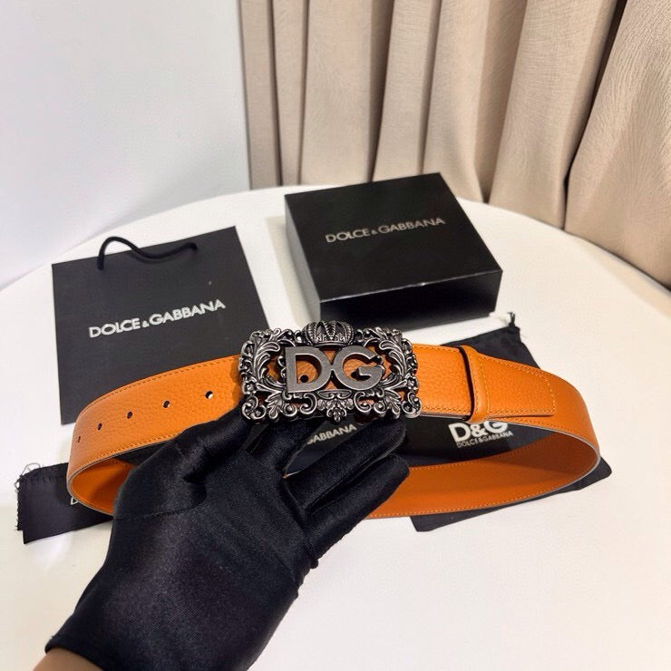 Dolce & Gabbana DG Logo Leather Belt – Gold / Silver / Black Buckle
