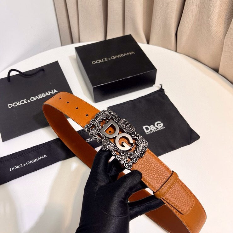 Dolce & Gabbana DG Logo Leather Belt – Gold / Silver / Black Buckle