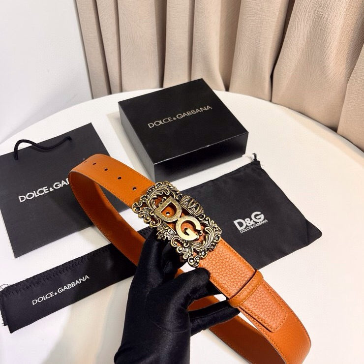 Dolce & Gabbana DG Logo Leather Belt – Gold / Silver / Black Buckle