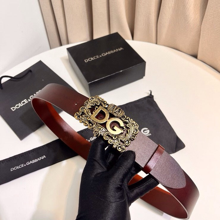 Dolce & Gabbana DG Logo Leather Belt – Gold / Silver / Black Buckle