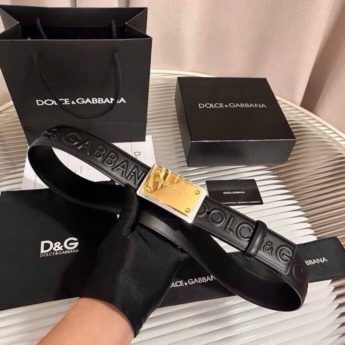Dolce & Gabbana DG Logo Leather Belt – Gold / Silver / Black Buckle