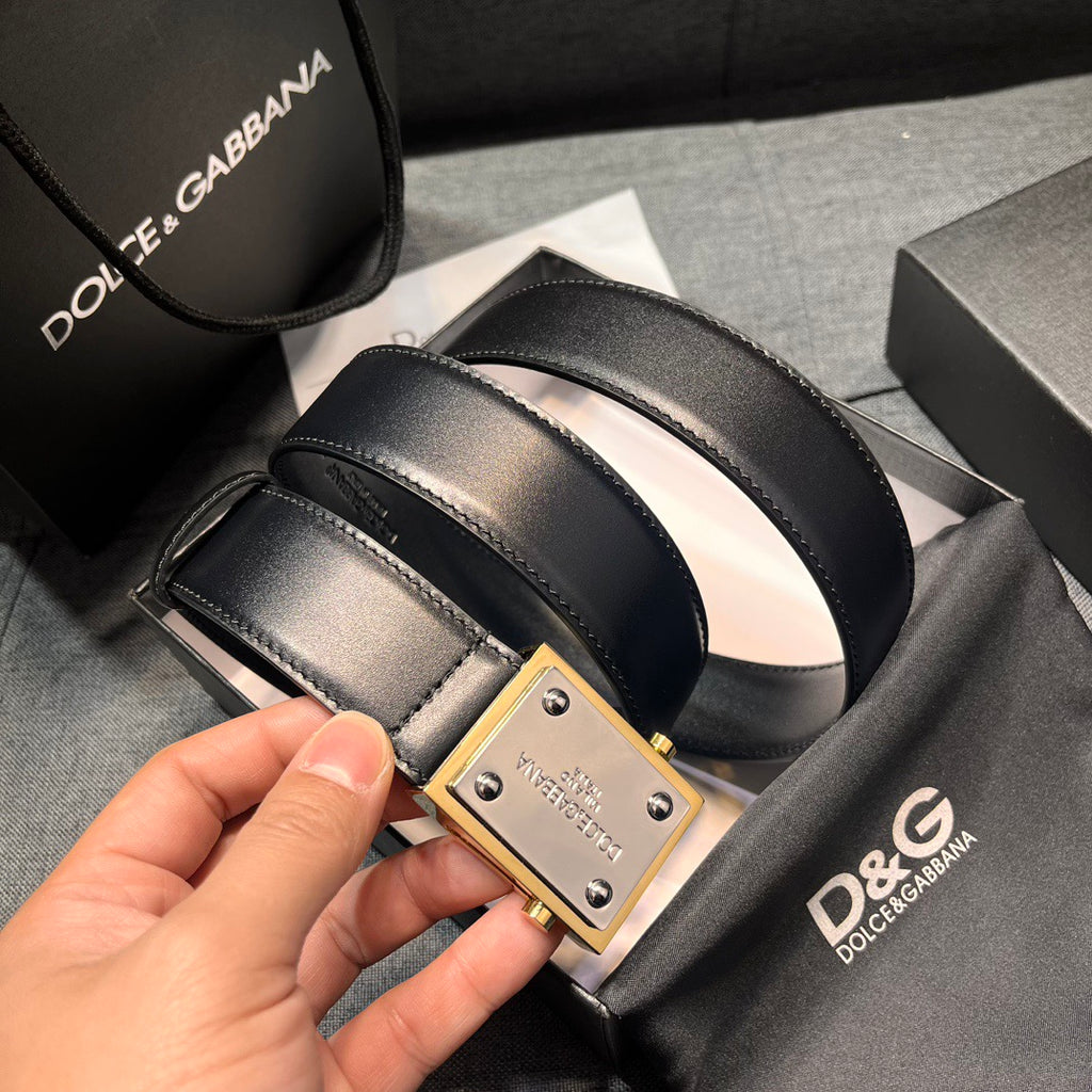 Dolce & Gabbana DG Logo Leather Belt – Gold / Silver / Black Buckle