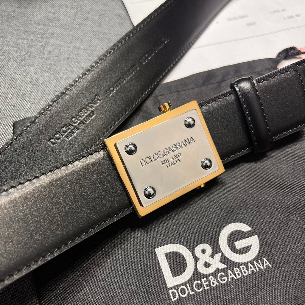 Dolce & Gabbana DG Logo Leather Belt – Gold / Silver / Black Buckle