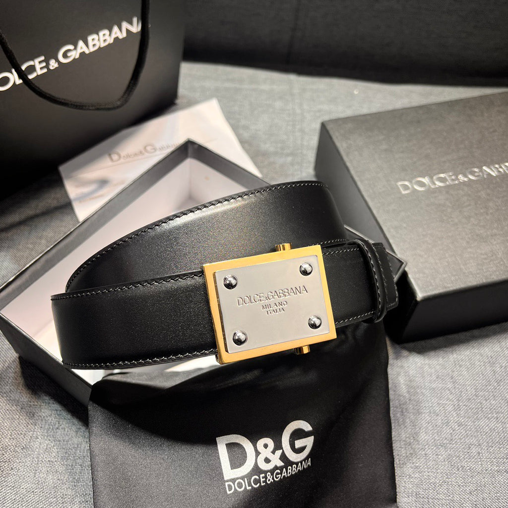 Dolce & Gabbana DG Logo Leather Belt – Gold / Silver / Black Buckle