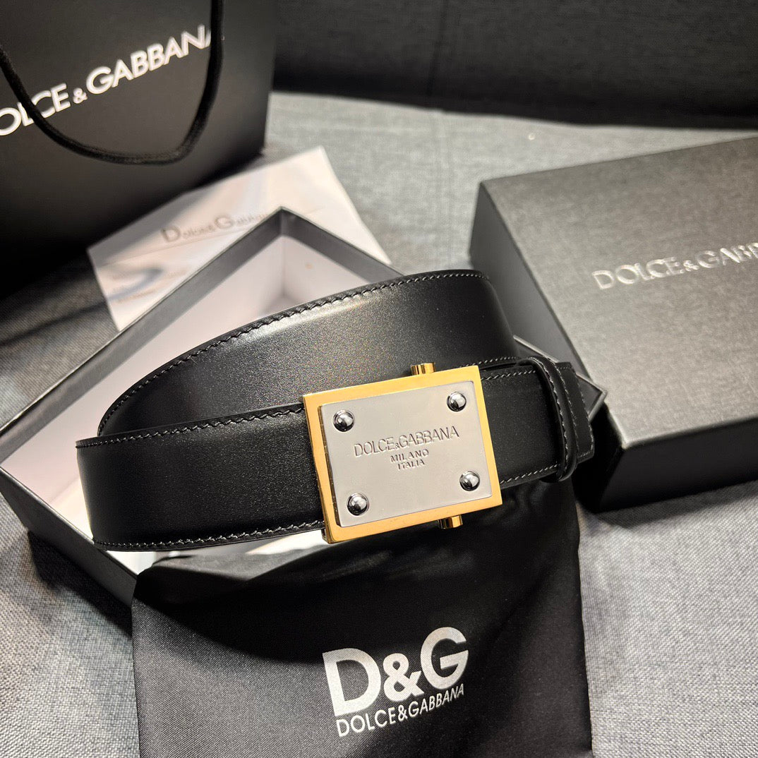 Dolce & Gabbana DG Logo Leather Belt – Gold / Silver / Black Buckle