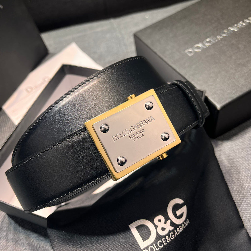 Dolce & Gabbana DG Logo Leather Belt – Gold / Silver / Black Buckle