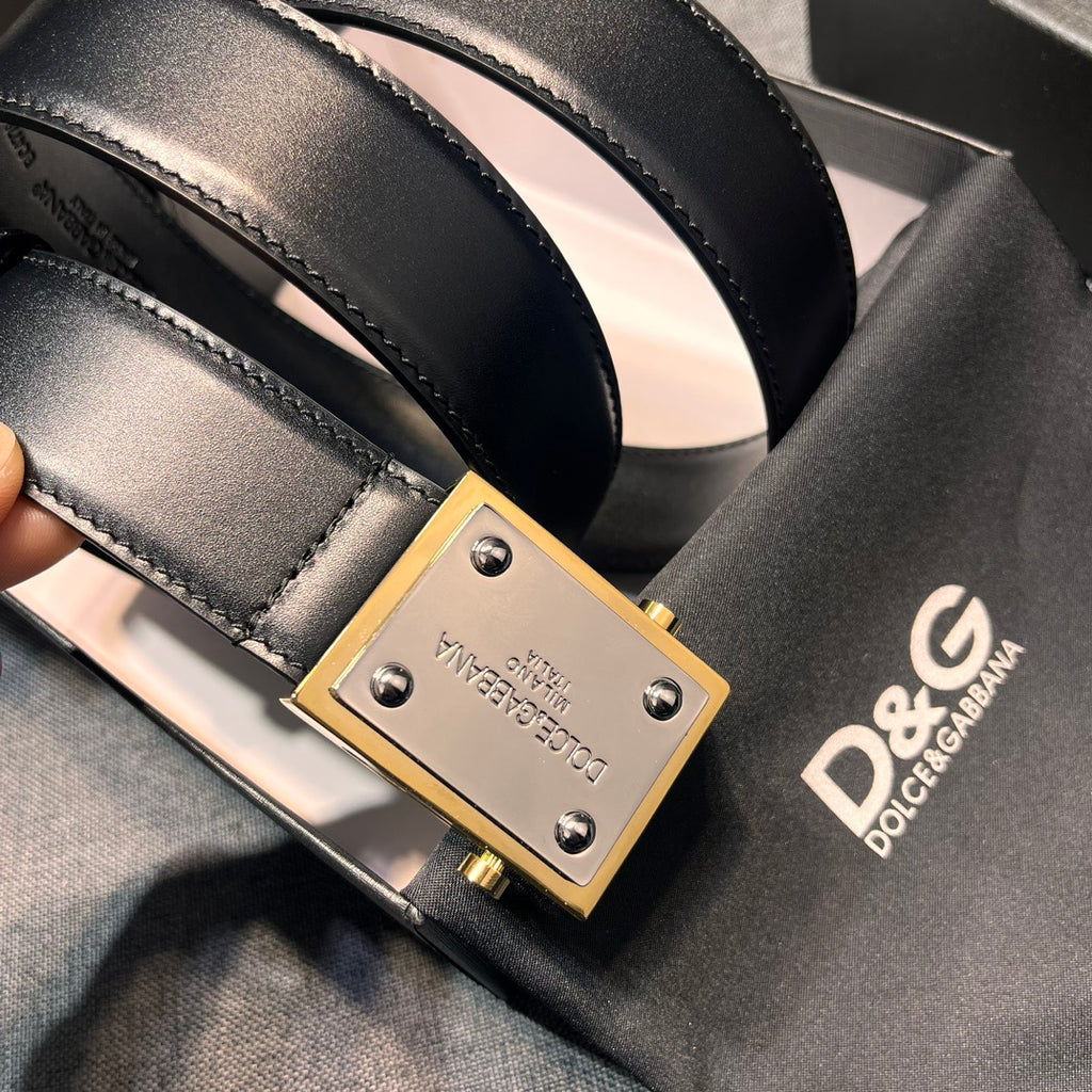 Dolce & Gabbana DG Logo Leather Belt – Gold / Silver / Black Buckle