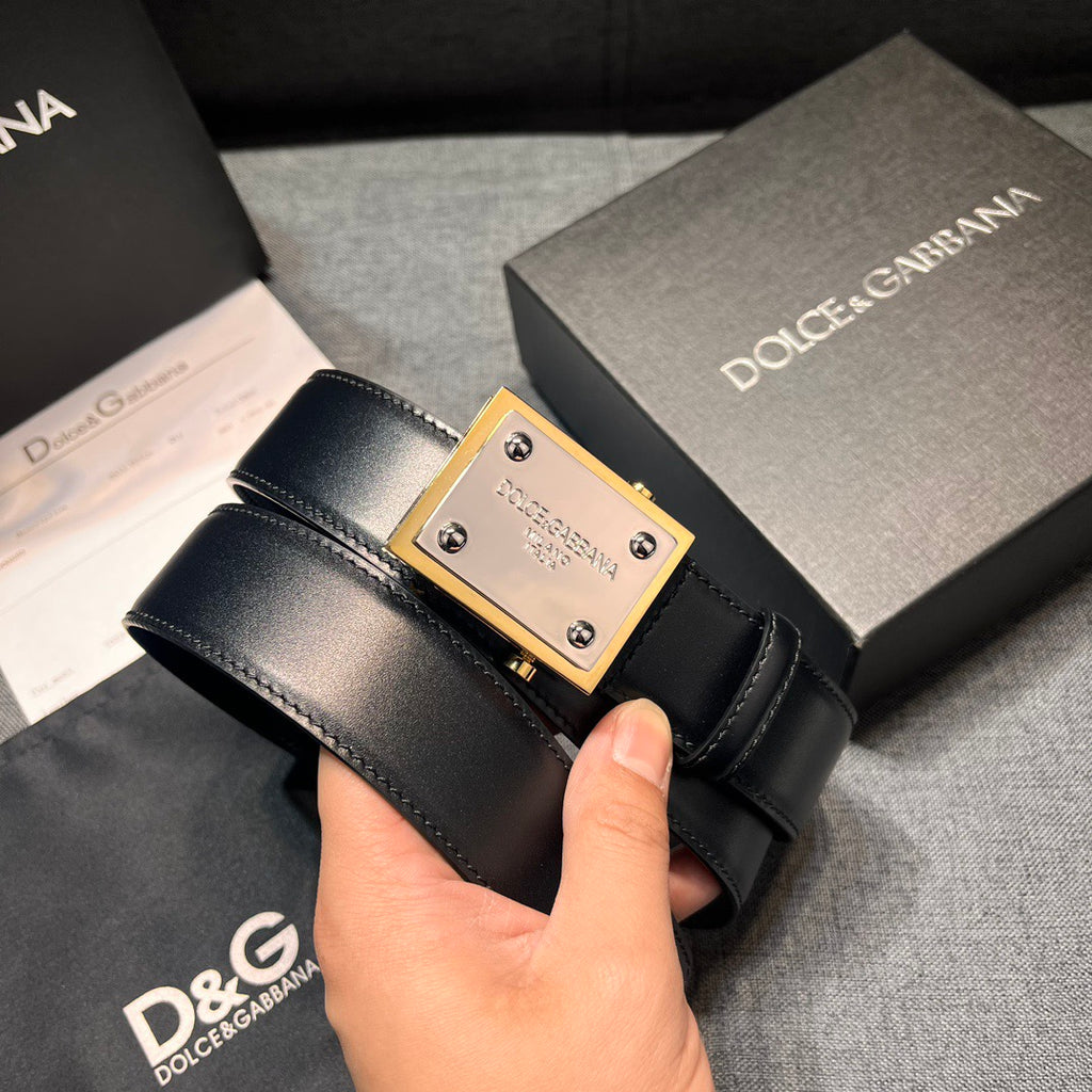 Dolce & Gabbana DG Logo Leather Belt – Gold / Silver / Black Buckle