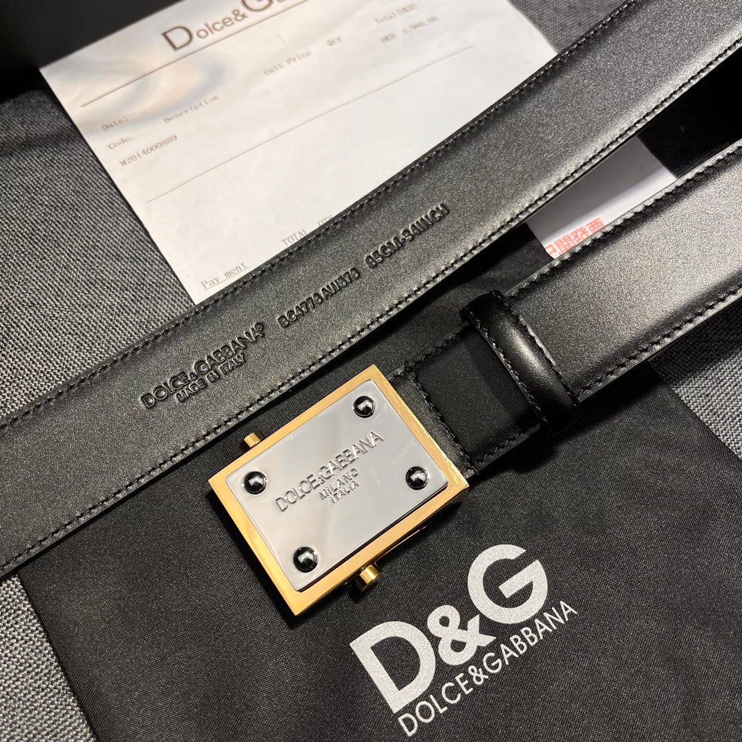 Dolce & Gabbana DG Logo Leather Belt – Gold / Silver / Black Buckle