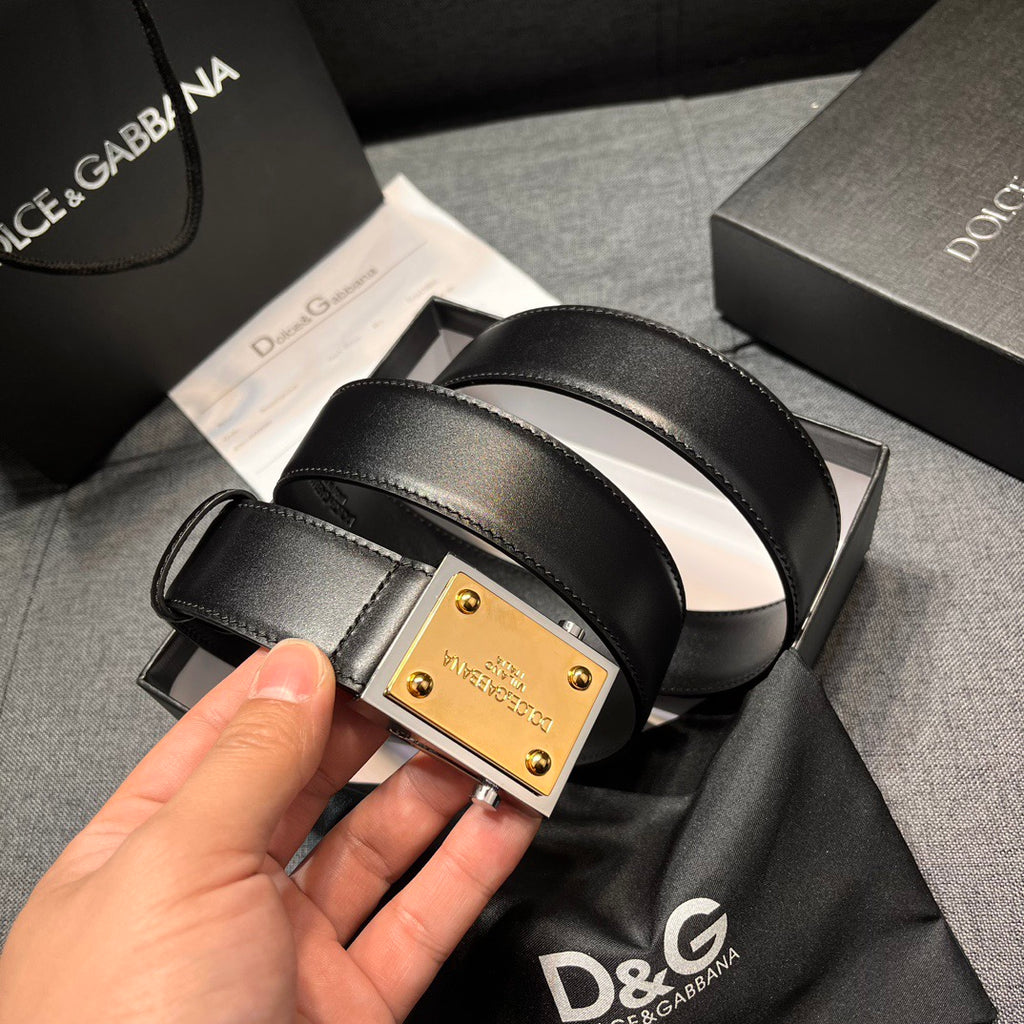 Dolce & Gabbana DG Logo Leather Belt – Gold / Silver / Black Buckle