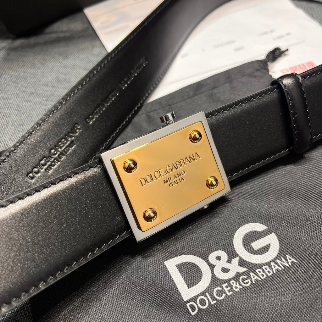 Dolce & Gabbana DG Logo Leather Belt – Gold / Silver / Black Buckle
