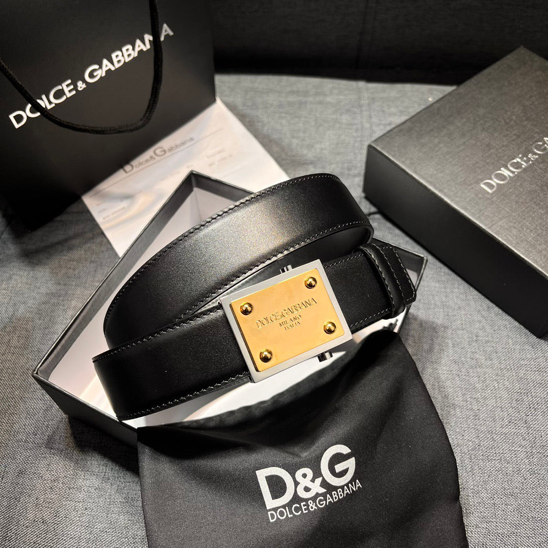 Dolce & Gabbana DG Logo Leather Belt – Gold / Silver / Black Buckle