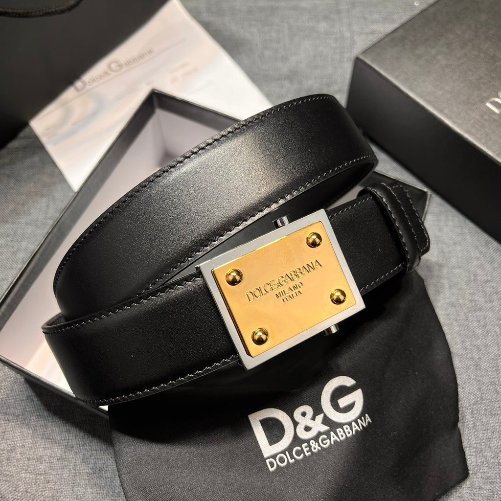 Dolce & Gabbana DG Logo Leather Belt – Gold / Silver / Black Buckle