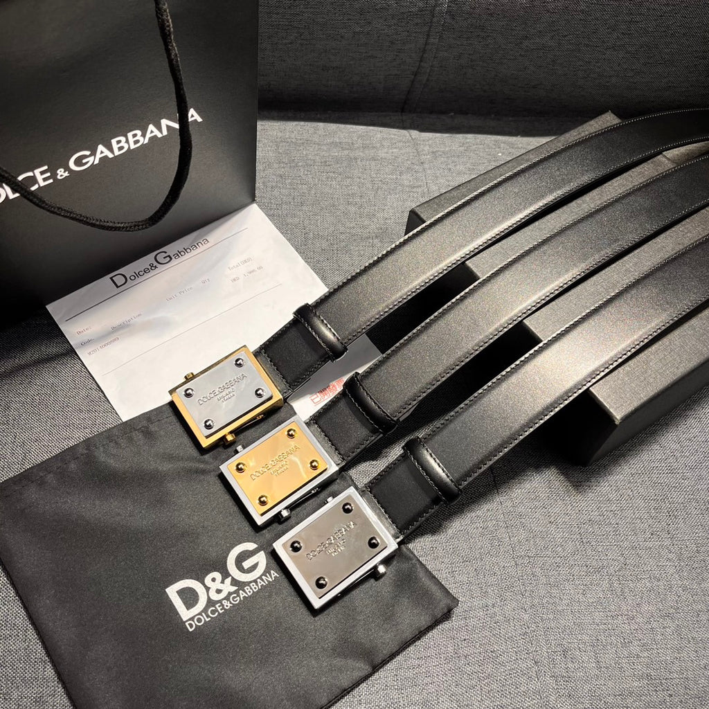 Dolce & Gabbana DG Logo Leather Belt – Gold / Silver / Black Buckle
