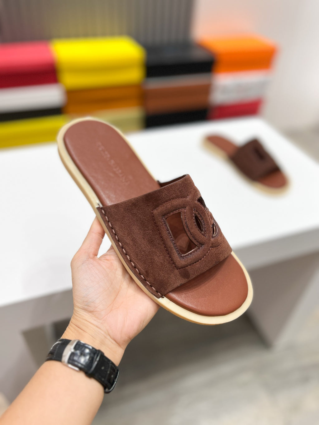 Dolce & Gabbana DG Men's Leather Strap Sandals with Aluminum Buckle