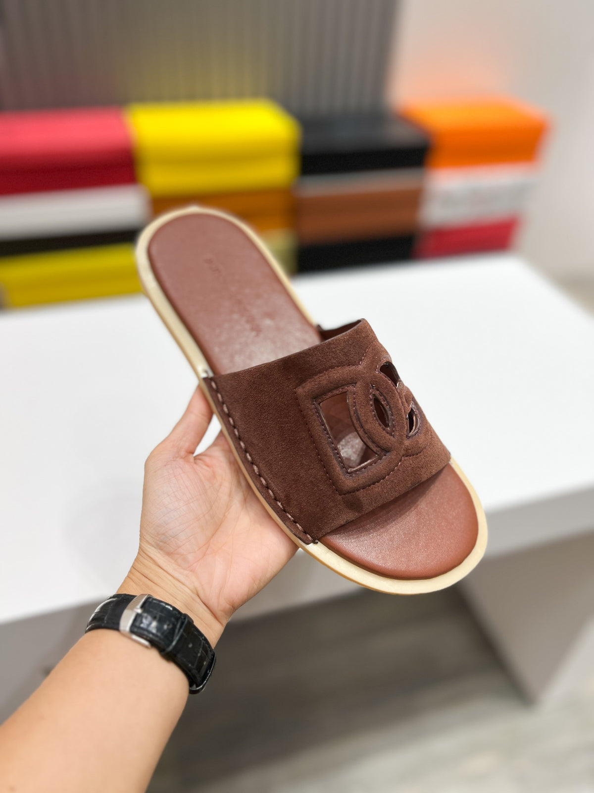 Dolce & Gabbana DG Men's Leather Strap Sandals with Aluminum Buckle