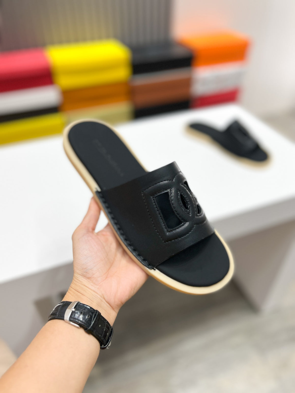 Dolce & Gabbana DG Men's Leather Strap Sandals with Aluminum Buckle