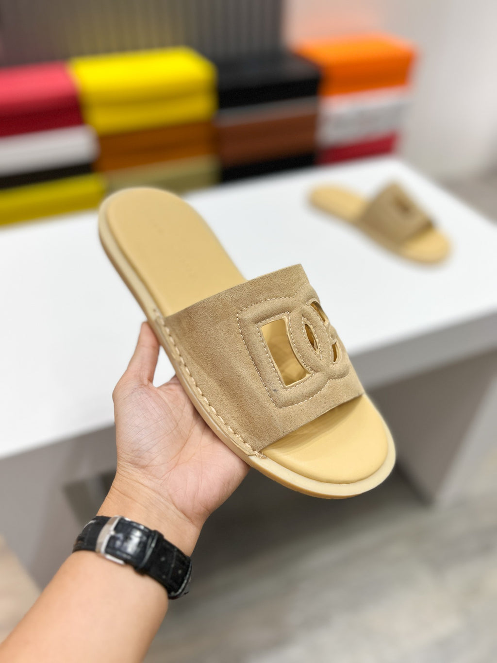 Dolce & Gabbana DG Men's Leather Strap Sandals with Aluminum Buckle