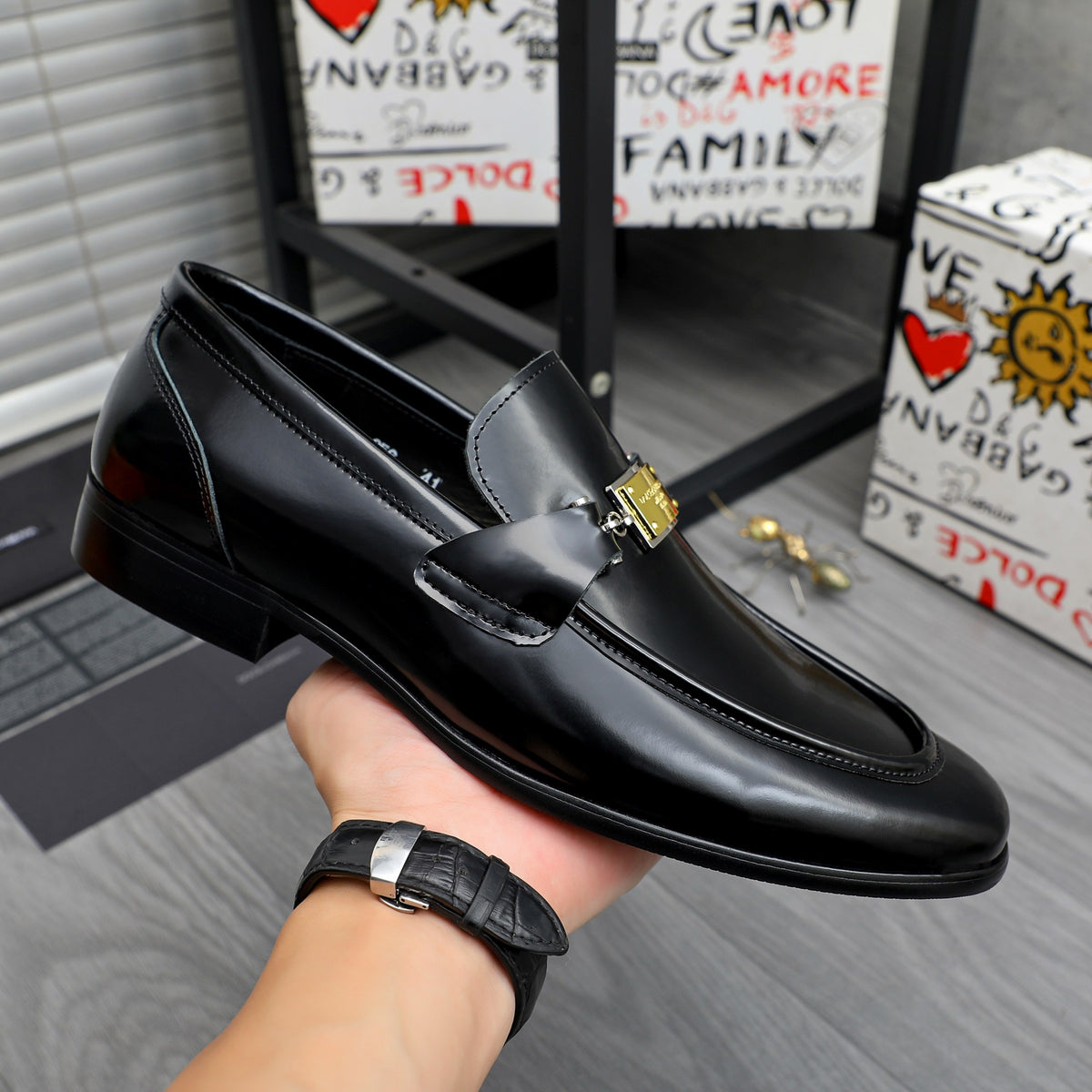 Dolce & Gabbana DG Men's Business Slip-On Dress Shoes with Metal Buckle