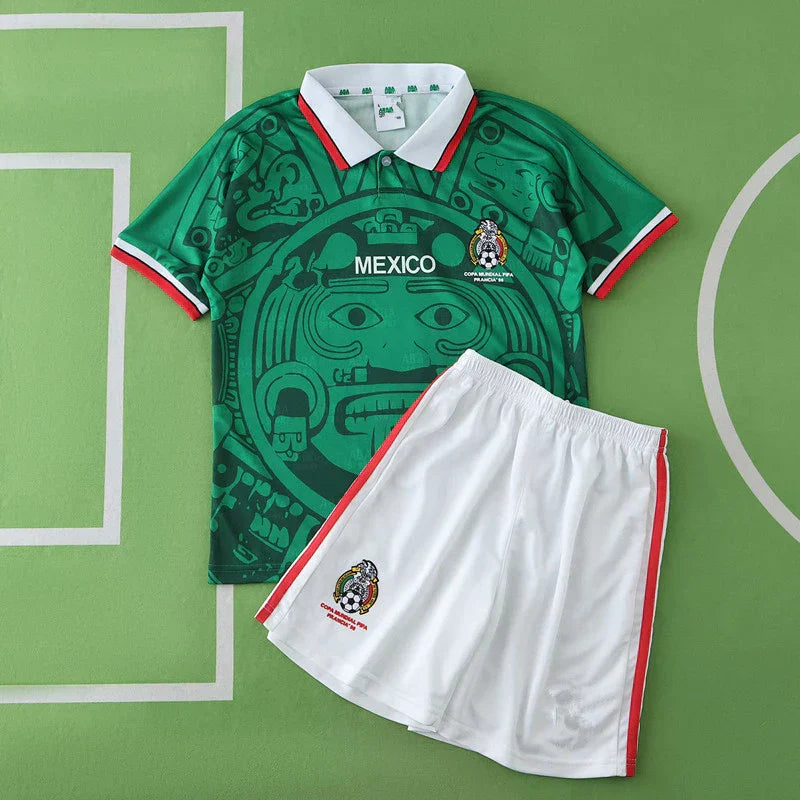 Mexico Home Retro Kids Kit 1998 – Green Aztec Sun Stone France World Cup Children's Football Shirt & Shorts Set