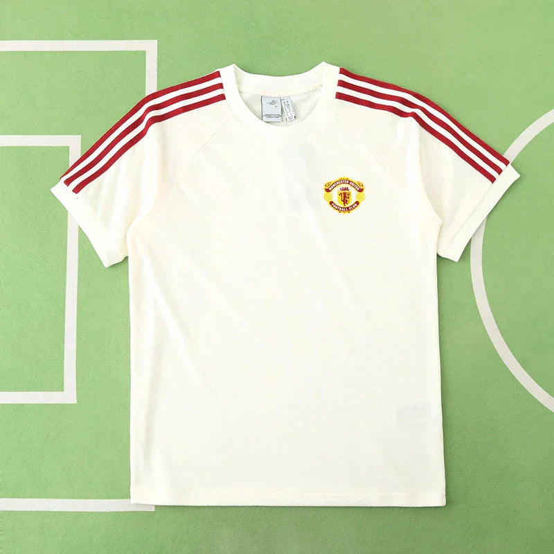 Manchester United Retro Heritage Training T-Shirt Fan Version 2024/25 – Cream White Red Adidas Stripe