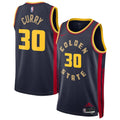 Stephen Curry #30 Golden State Warriors Navy 2024-25 City Edition "Golden State" Circular Badge Retro Serif Red Side Panel Swingman Jersey - S-XXXL