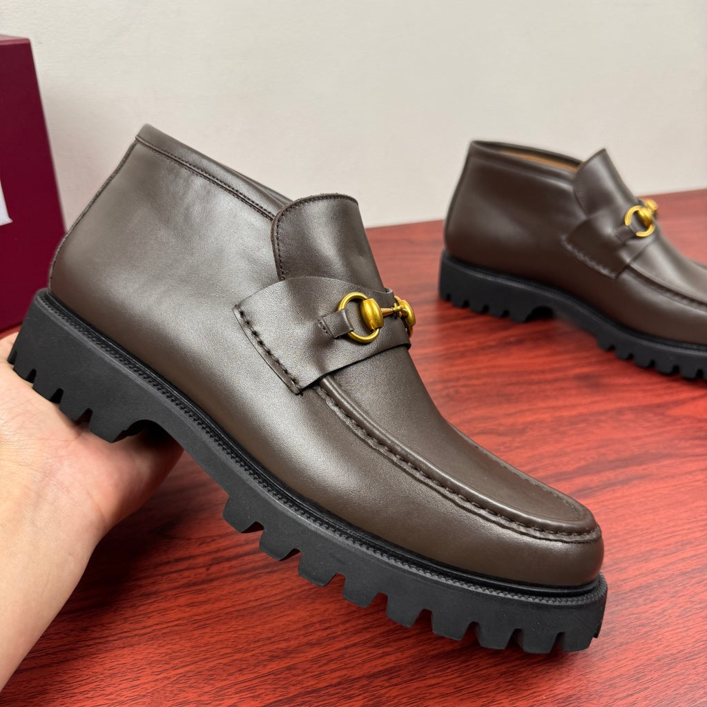Gucci Men's Horsebit Chunky Ankle Boots Coffee