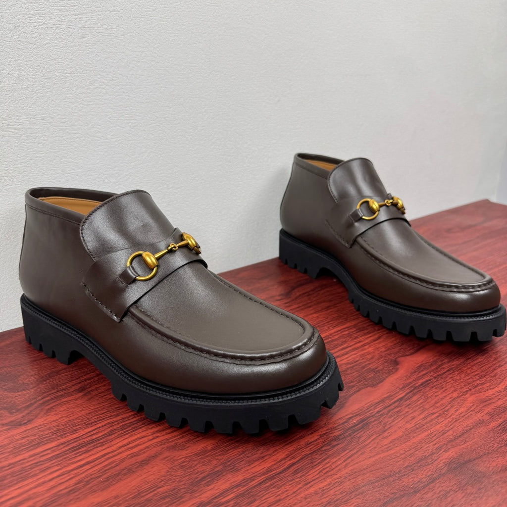 Gucci Men's Horsebit Chunky Ankle Boots Coffee