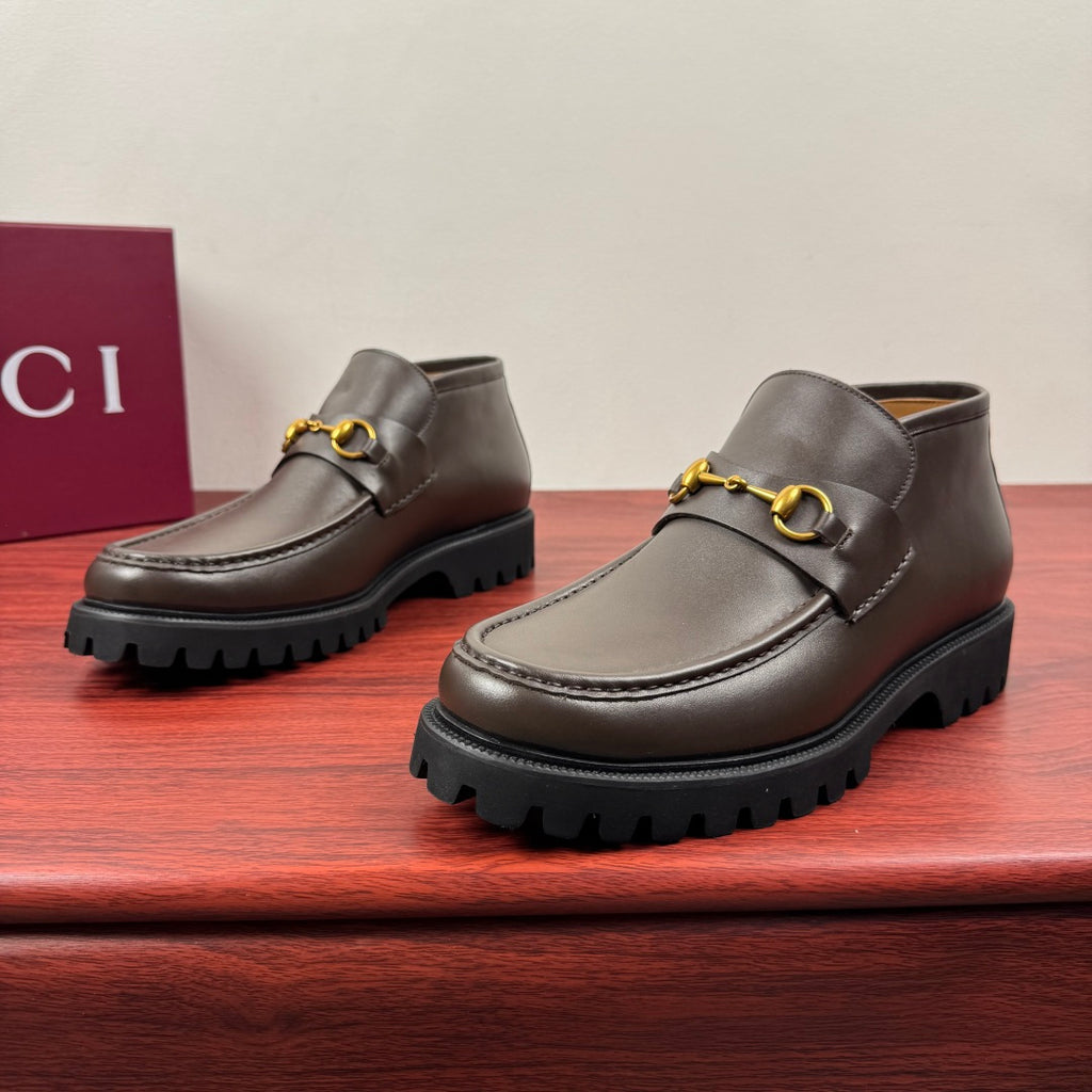 Gucci Men's Horsebit Chunky Ankle Boots Coffee