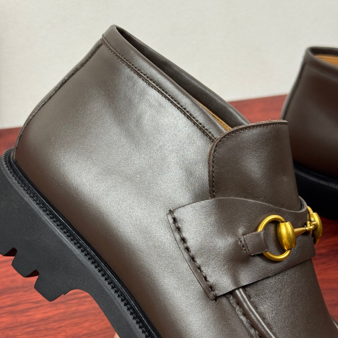 Gucci Men's Horsebit Chunky Ankle Boots Coffee