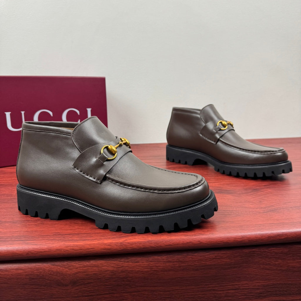 Gucci Men's Horsebit Chunky Ankle Boots Coffee