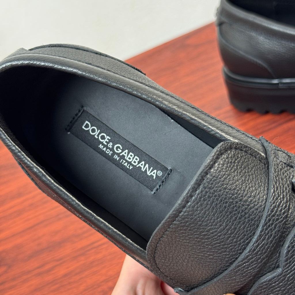 Dolce & Gabbana DG Men's Pebbled Leather Loafers with Black Web Strap
