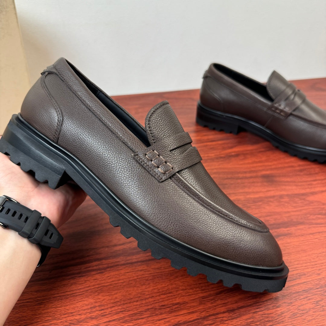 Dolce & Gabbana DG Men's Pebbled Leather Loafers with Black Web Strap Coffee