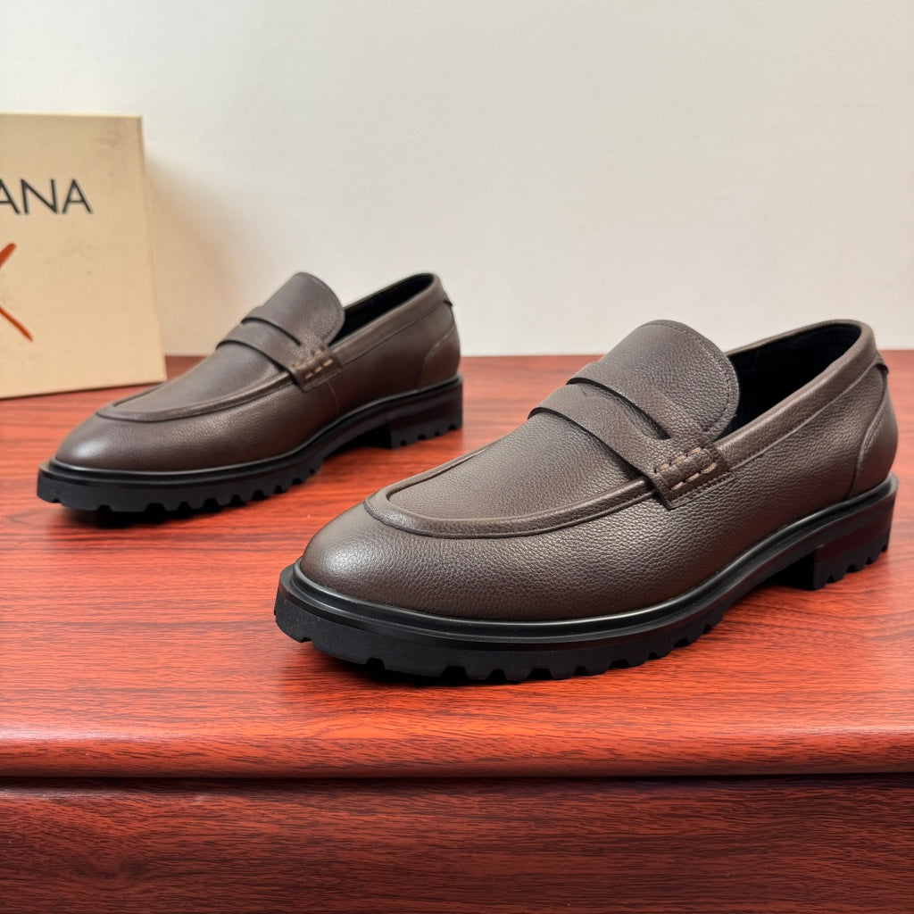 Dolce & Gabbana DG Men's Pebbled Leather Loafers with Black Web Strap Coffee