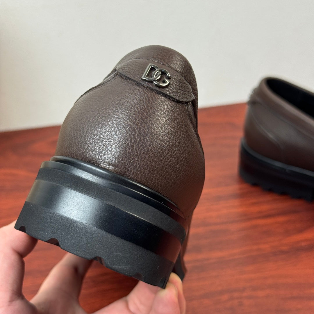 Dolce & Gabbana DG Men's Pebbled Leather Loafers with Black Web Strap Coffee