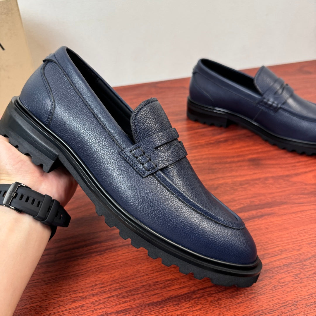 Dolce & Gabbana DG Men's Pebbled Leather Loafers with Black Web Strap Blue