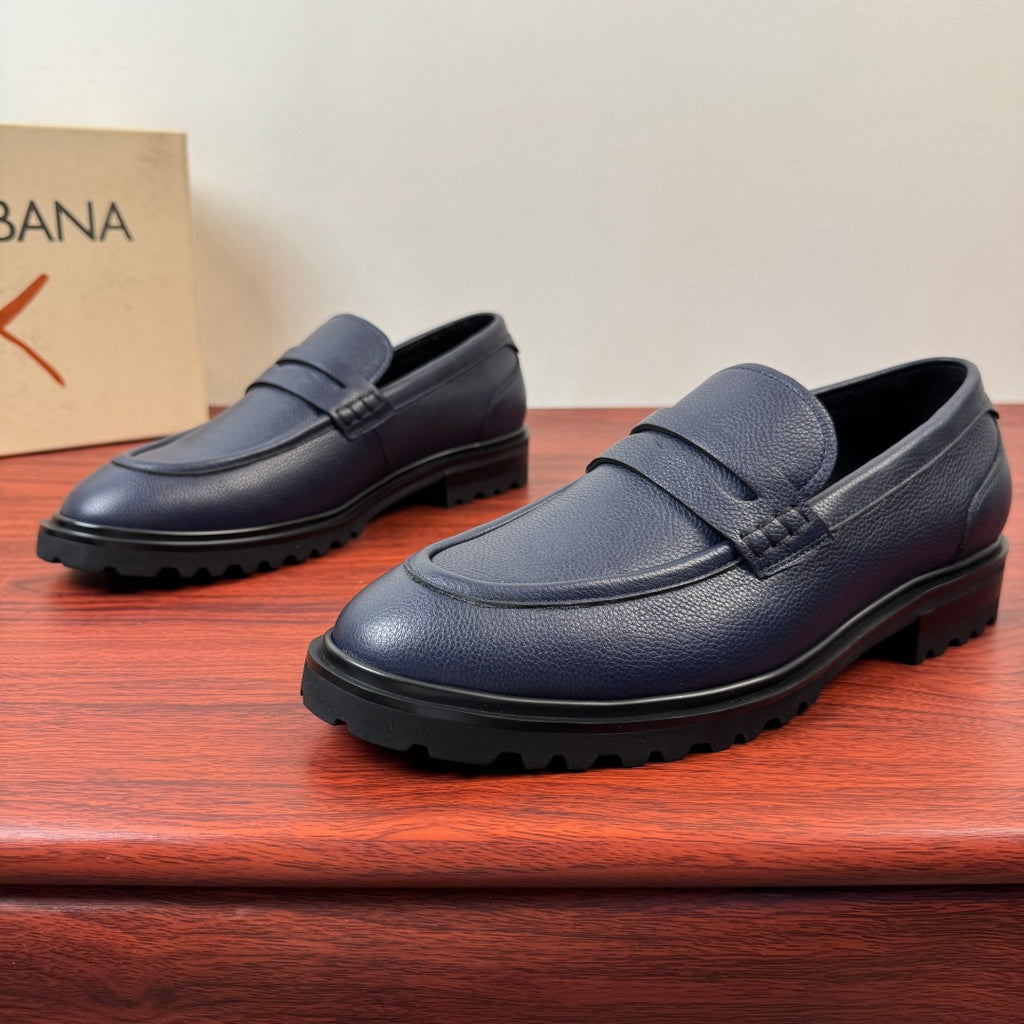 Dolce & Gabbana DG Men's Pebbled Leather Loafers with Black Web Strap Blue