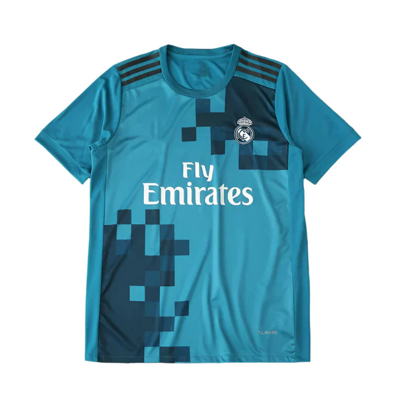 Real Madrid CF Third Retro Fan Version Jersey 2017/18 – Teal Football Shirt with Navy Pixel Block Design